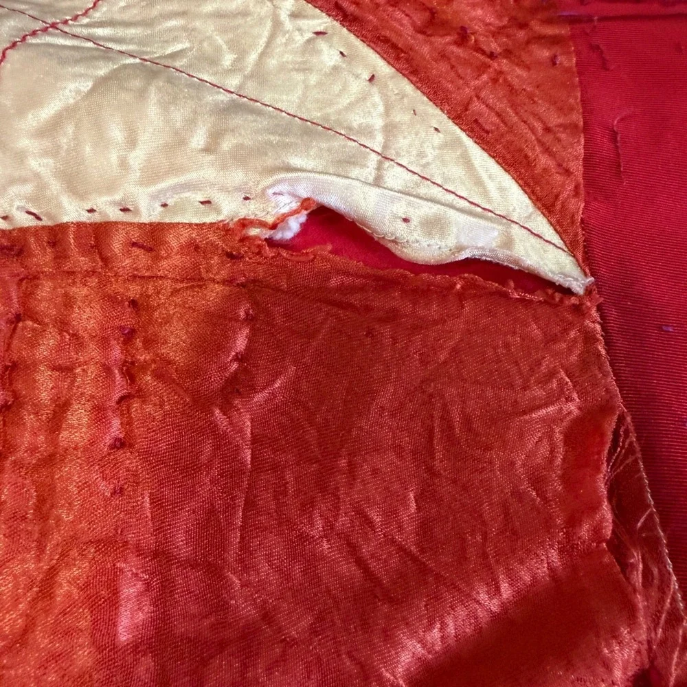VTG Handmade Satin Patchwork Quilt Red Geometric Star 83x68 for REPAIR/REPURPOSE